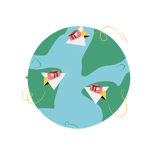 Earth with three paper airplanes flying around it, each carrying a small house